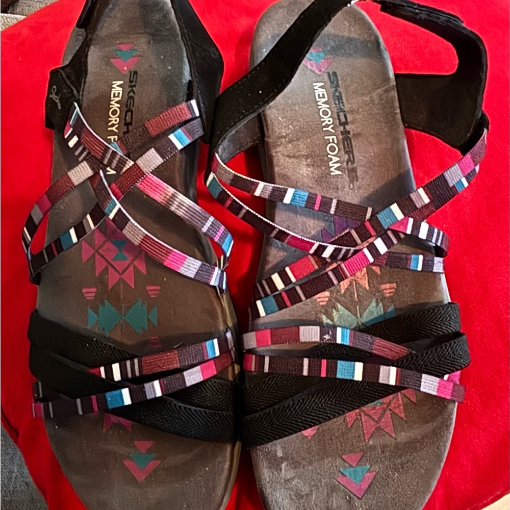 Skechers Women's Strappy Black and Multi-Color Sandals